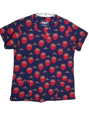 Revel Scrubs Top Womens Size Large blue bears hearts v-neck pockets Poly Stretch